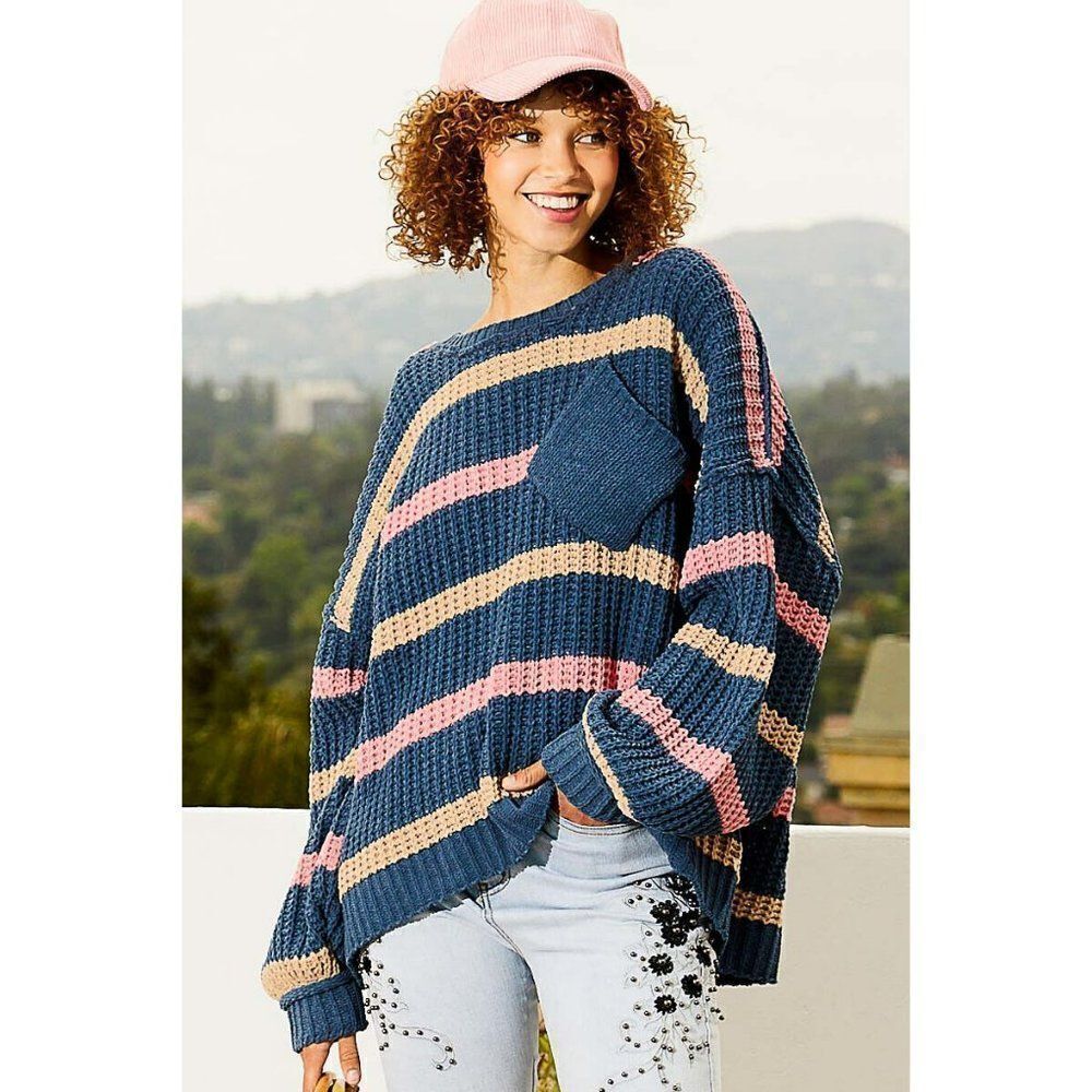 POL Golden Girl Oversized Striped Chenille Sweater in Navy YST413